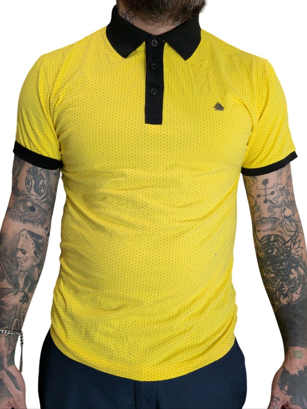 Calvino Men's Yellow Black Dotted Perforated Short Sleeve Polo Shirt Size M